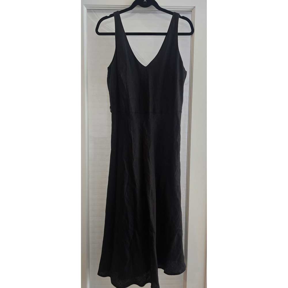 100% Flax Linen Sleeveless V-Neck Midi Dress Black Side Zip Minimalist Chic